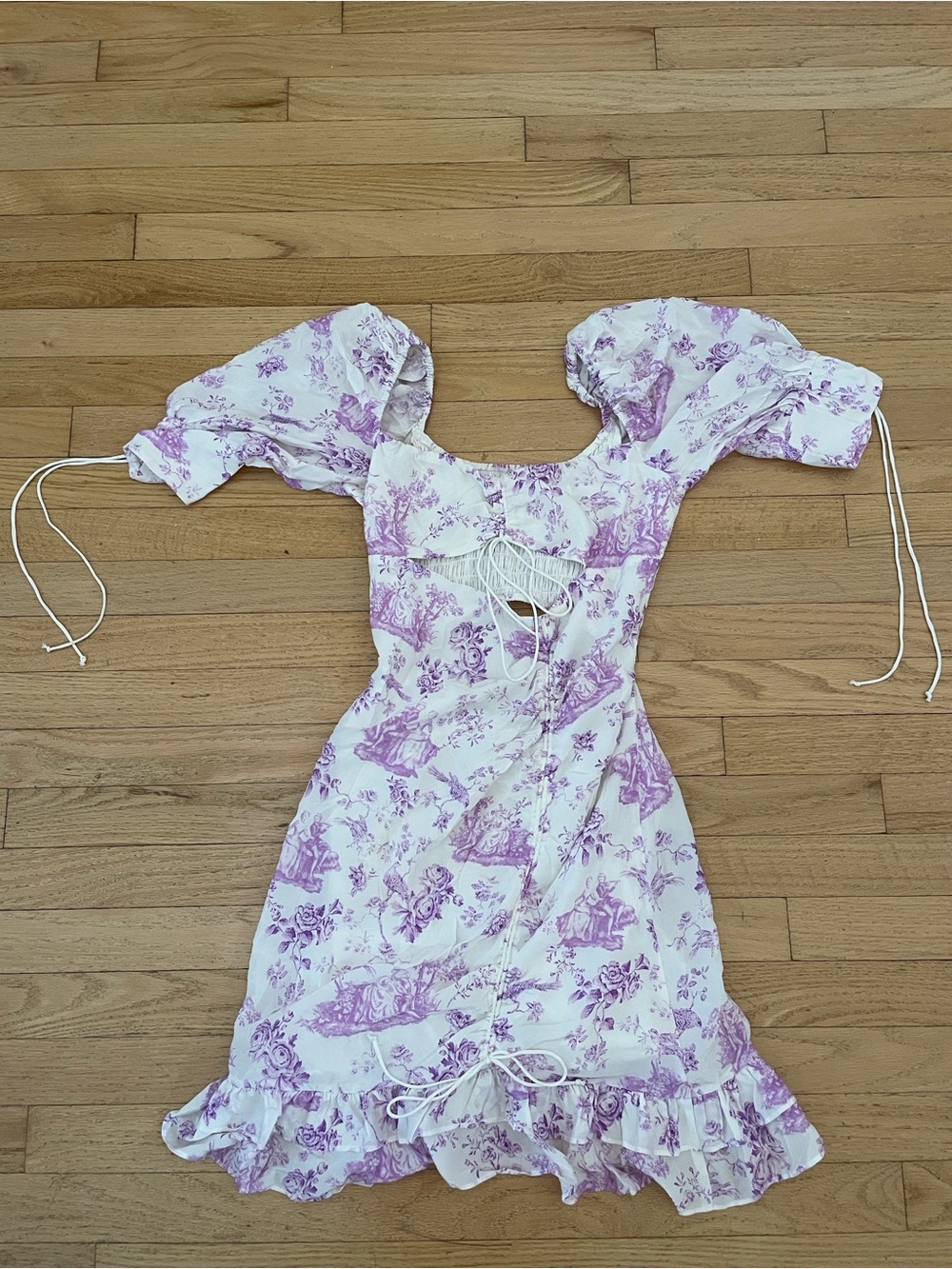 For Love & Lemons White Puff Sleeve Dress with Bows, Ruching, and Purple Details